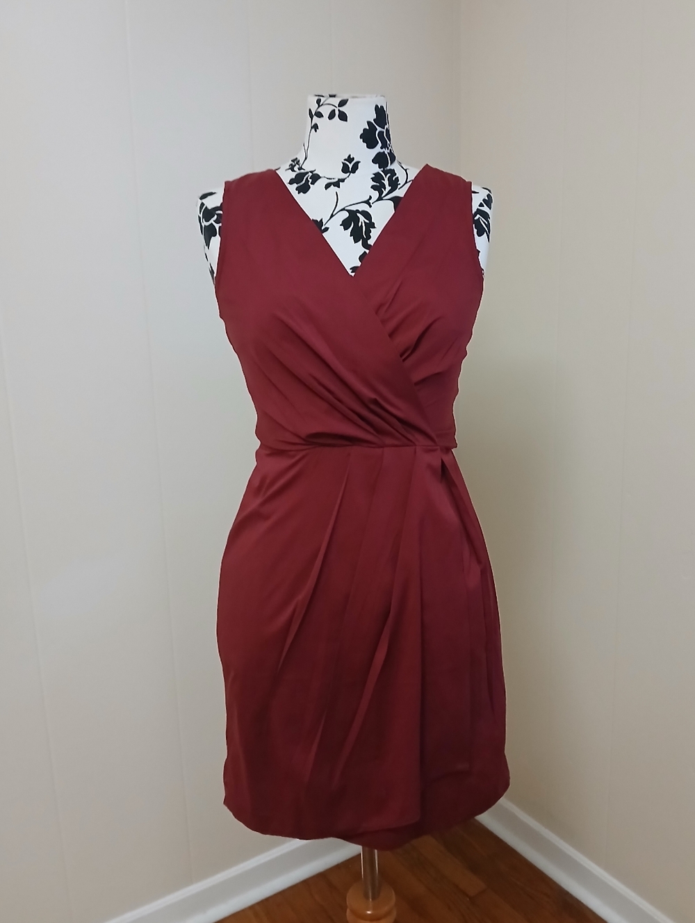 V-Neck Faux Wrap Dress in Burgundy
